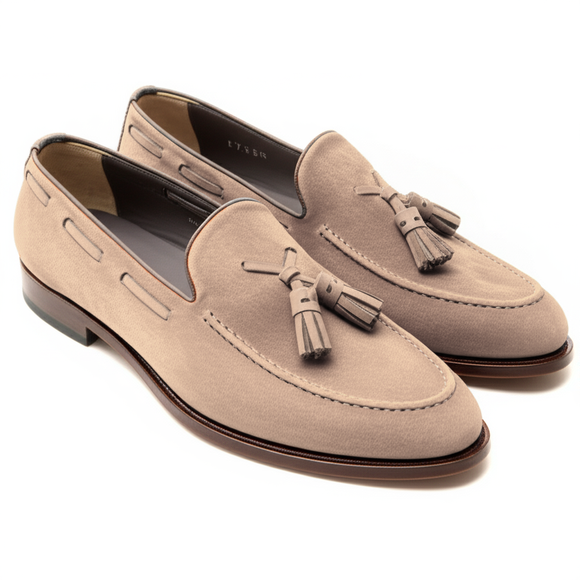 Cream Suede Leather Barbican Tassel Loafers