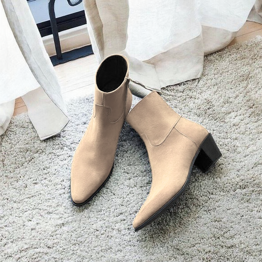 Cream Suede Leather Fiorina Slip On Zipper Pointed Boots for Men - AW24