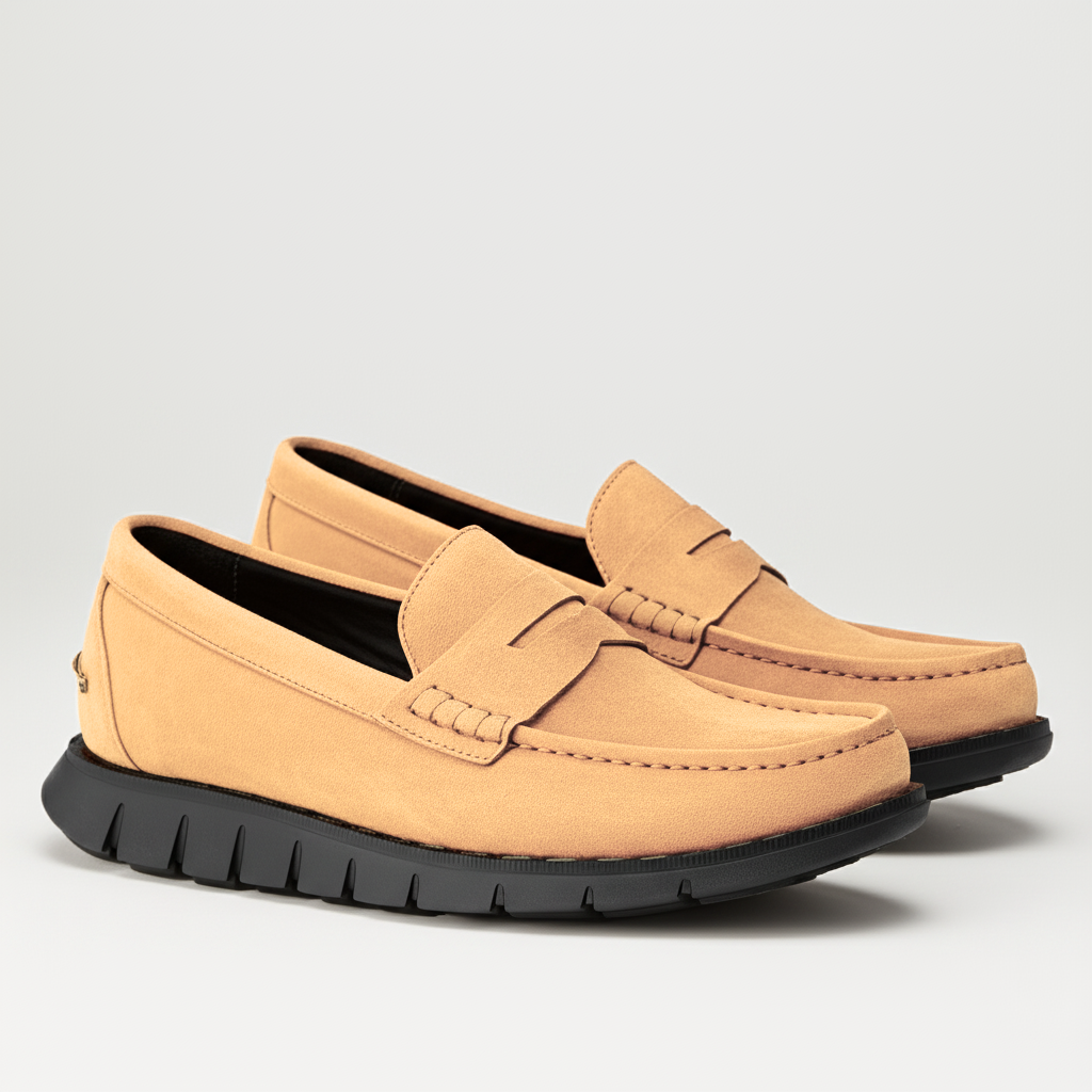 Cream Suede Leather Evarado Penny Loafers with Black Hybrid Sole - SS23
