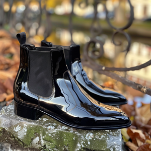 Black Patent Leather Alfio Slip On Pointed Chelsea Boots for Men