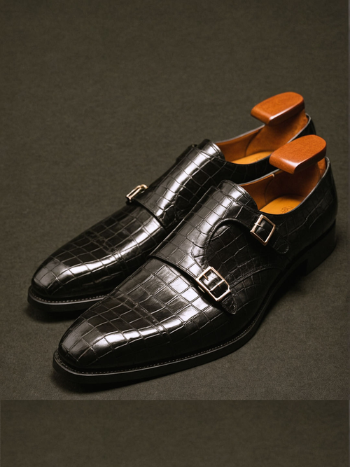 Black Croc Print Leather Lysander Toe Cap Monk Straps