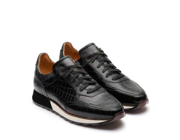 Black Croc Print Leather Nausori Lace Up Running Sneaker Shoes