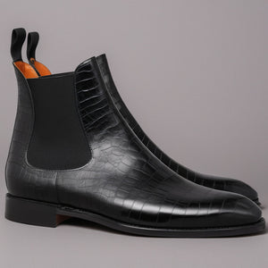 Flat Feet Shoes - Black Croc Print Leather Fenland Slip On Chelsea Boots with Arch Support