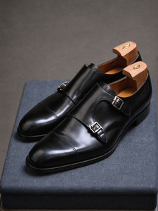 Black Leather Lysander Toe Cap Monk Straps