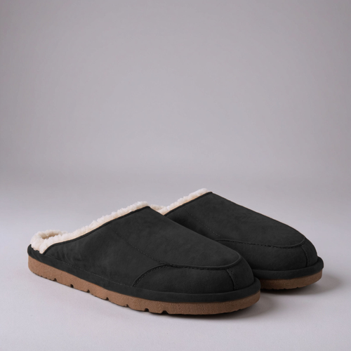 Black Suede Leather Eliana Fur Lined Slippers