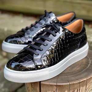 Black Croc Print Leather Oreste Lace Up With White Sole Sneakers