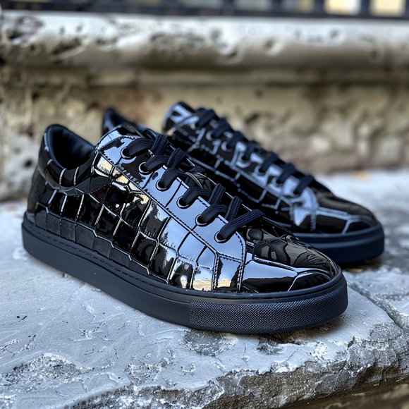 Black Croc Print Leather Nazario Lace Up Sneakers