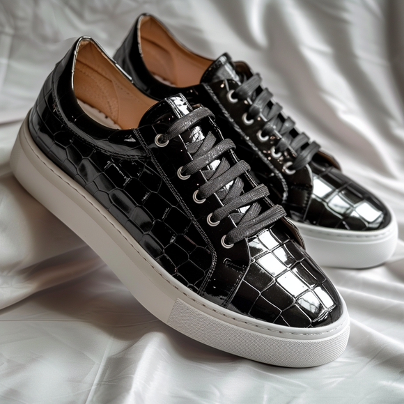 Black Croc Print Leather Nicola Lace Up With White Sole Sneakers