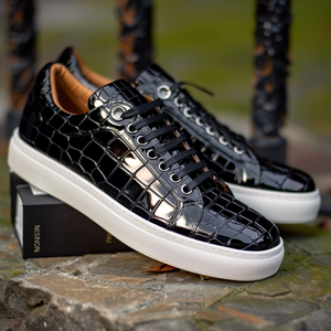 Black Croc Print Leather Nino Lace Up With White Sole Sneakers