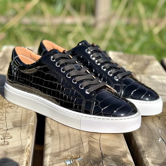 Black Croc Print Leather Norberto Lace Up With White Sole Sneakers