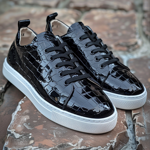 Black Croc Print Leather Orazio Lace Up With White Sole Sneakers