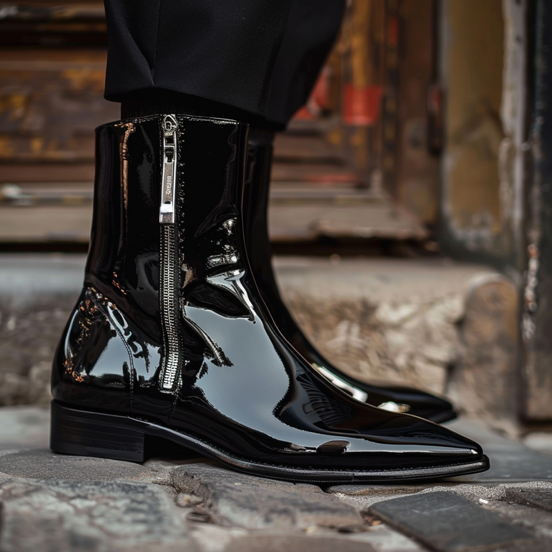 Black Shiny Patent Leather Eugenio Slip-On Pointed Zipper Boots