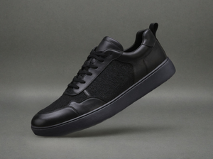 Black Leather Newsara Lace Up Running Sneaker Shoes With Black` Sole - Summer 2024 Collection