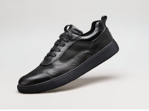 Black Leather Newsara Lace Up Running Sneaker Shoes With Black Sole - Summer 2024 Collection