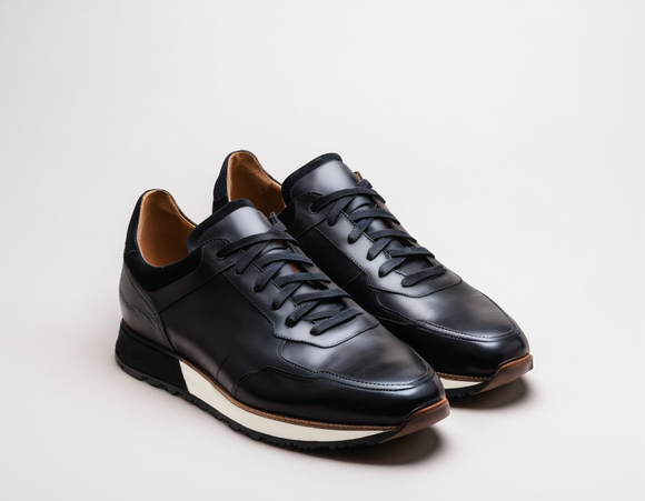 Black Leather Nausori Lace Up Running Sneaker Shoes