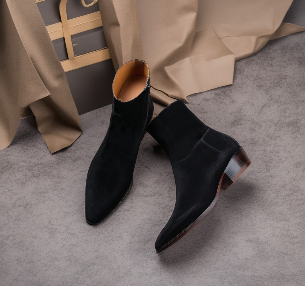 Black Leather Lazzer Slip On Zipper Pointed Boots