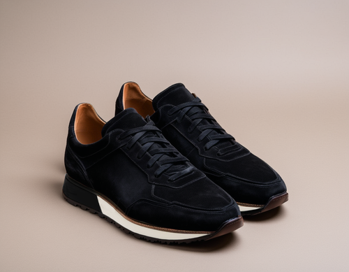 Black Suede Leather Nausori Lace Up Running Sneaker Shoes