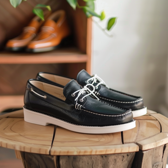 Black and white boat shoes discount