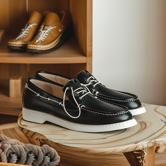 Black Luciano Boat Shoes with White Sole