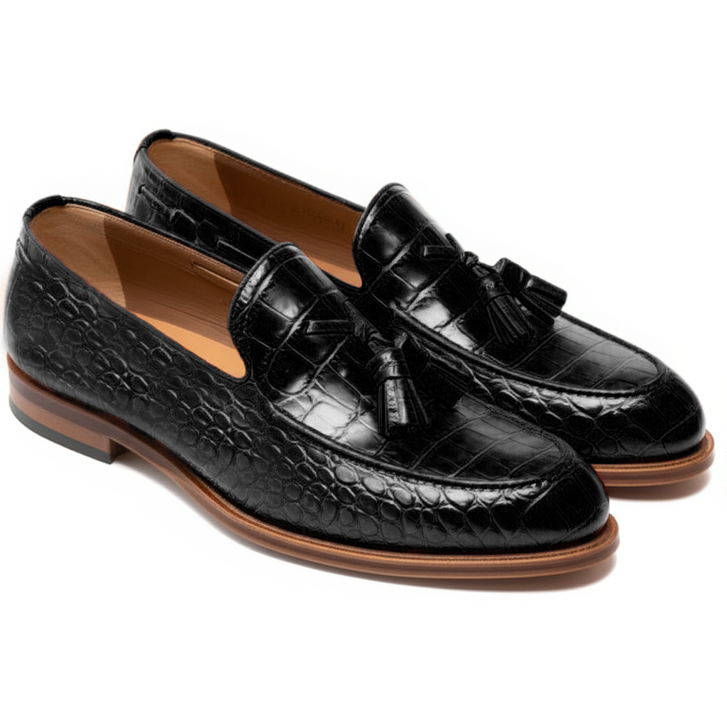 Black Croc Print Leather Barbican Tassel Loafers