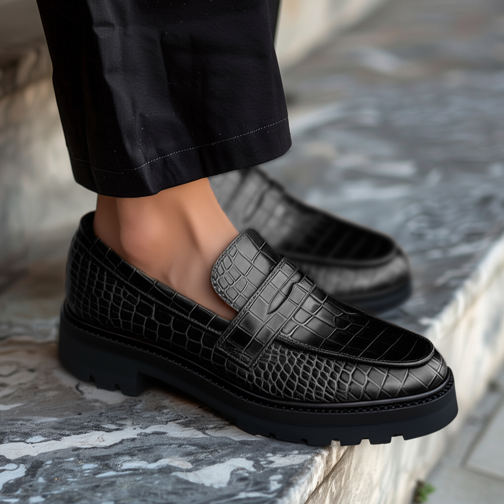 Black Croc Print Leather Aristide With Thick Sole Loafers