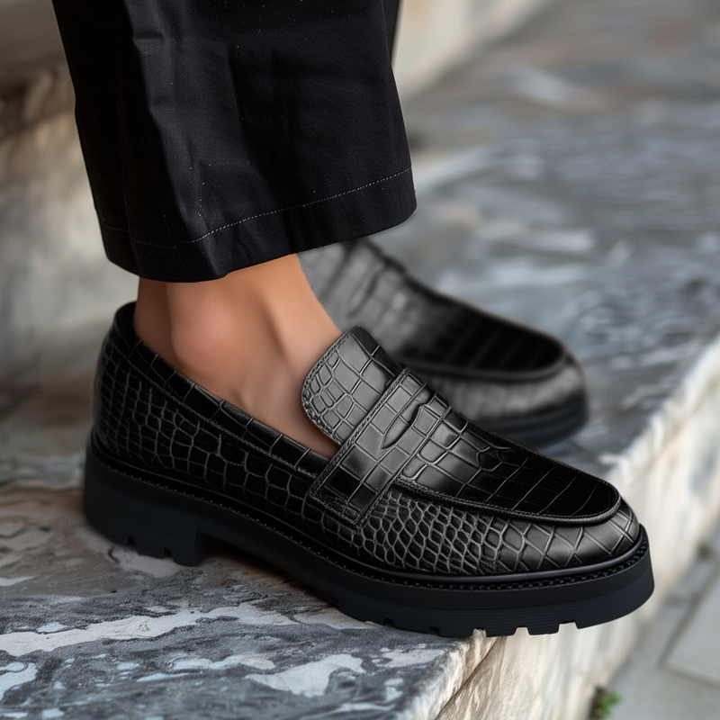Black Croc Print Leather Aristide With Thick Sole Loafers