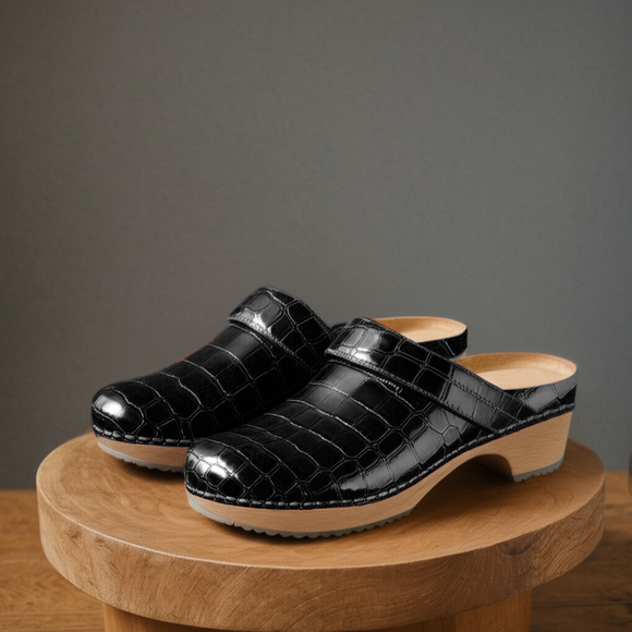 Black Croc Print Leather Celeste Calm Mule Loafers - Summer 2024 Collection