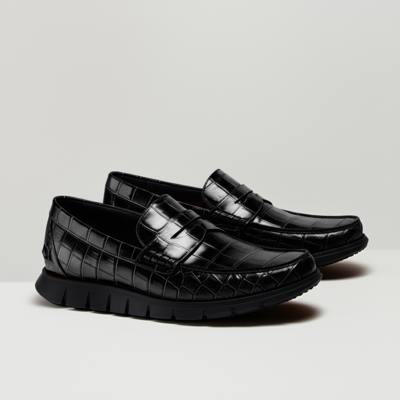 Black Croc Print Leather Evarado Penny Loafers with Black Hybrid Sole - SS23