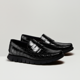 Black Croc Print Leather Evarado Penny Loafers with Black Hybrid Sole - SS23