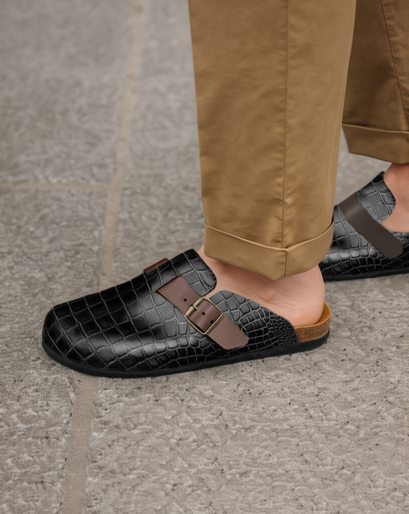 Black Croc Print Leather Pedestal Platforms Clogs - Summer 2024 Collection