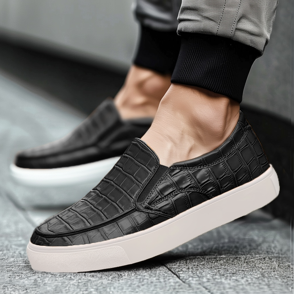 Black Croc Print Leather Wheat Whisper Slip On Sneakers  - Summer 2024 Collection