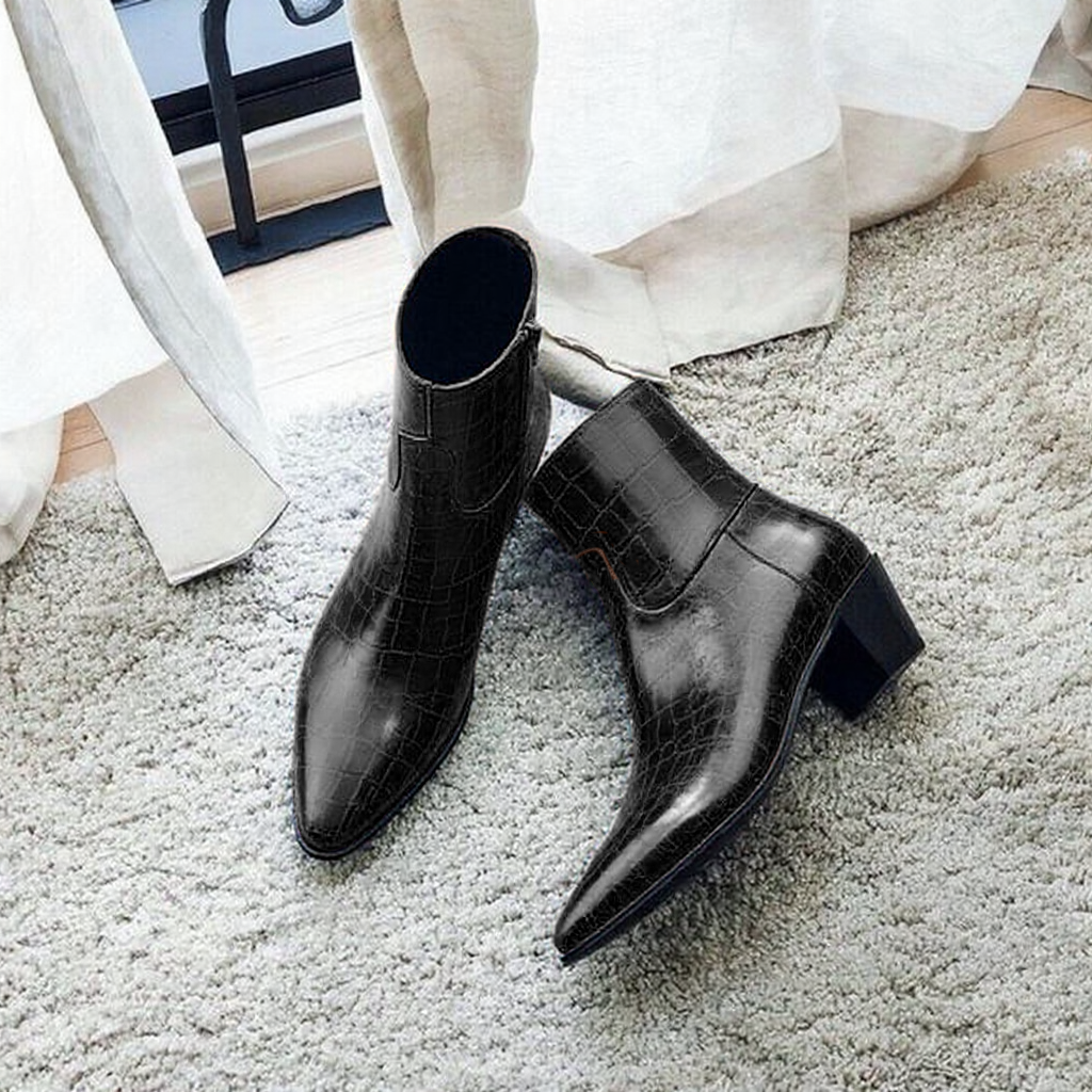 Black Croc Print Leather Fiorina Slip On Zipper Pointed Boots for Men - AW24