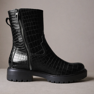 Black Croc Print Leather Massimiliano With Thick Sole Zipper Boots