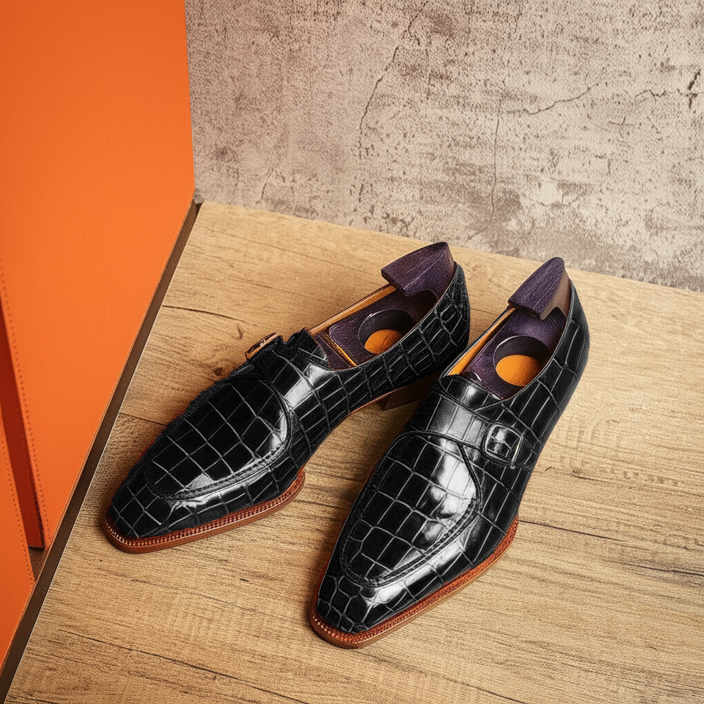 Black Croc Print Leather Algarve Single Monk Straps - AW24 : The Dapper Edit