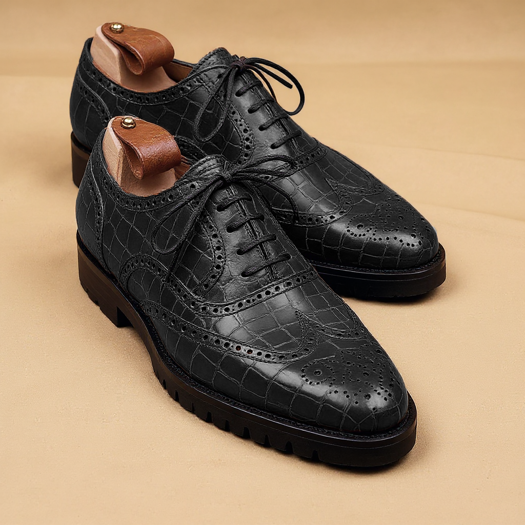 Black Croc Print Leather Rene Brogue Chunky Oxfords Shoes WORK EDITION - ITALIAN AW26