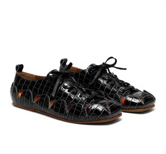 Black Croc Print Leather Amigo Lace-Up Sneakers