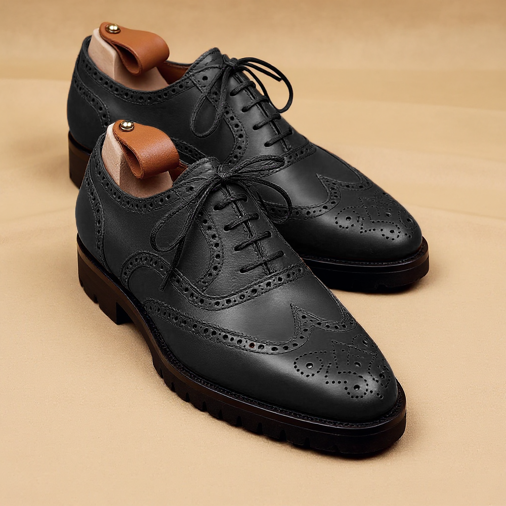 Black Leather Rene Brogue Chunky Oxfords Shoes WORK EDITION