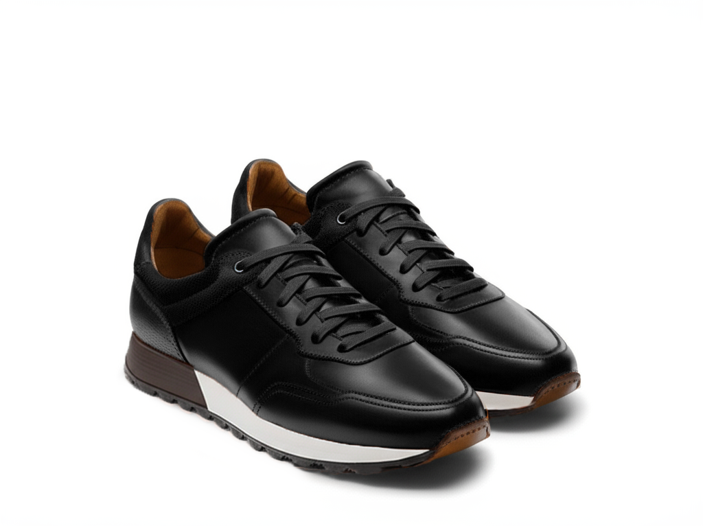 Black Leather Nausori Lace Up Running Sneaker Shoes