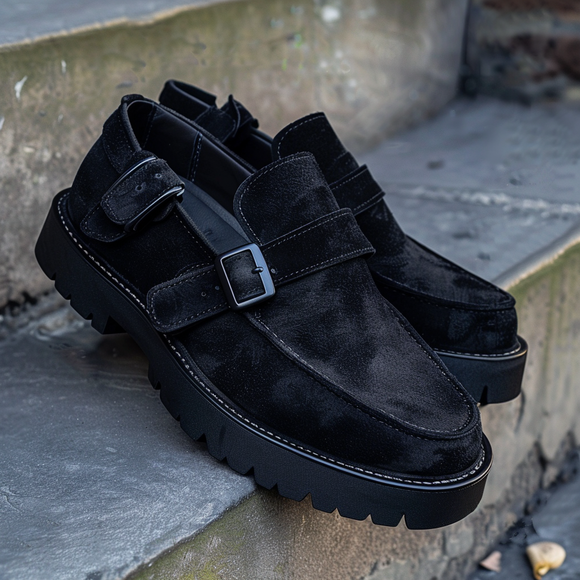 Black Suede Leather Gildo With Thick Sole Monk Straps