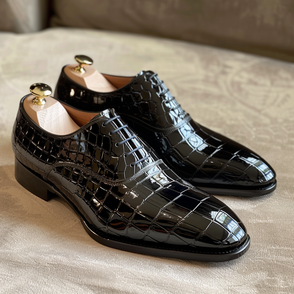 Giuliano Black Leather Croc Print Oxford
