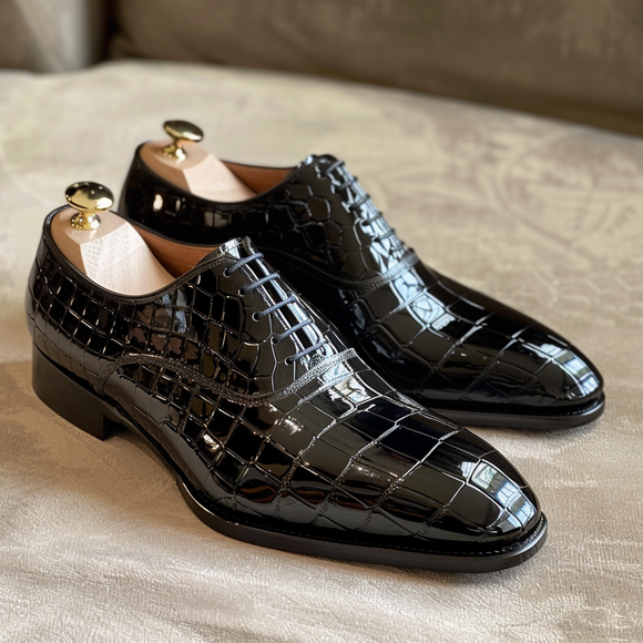 Giuliano Black Leather Croc Print Oxford