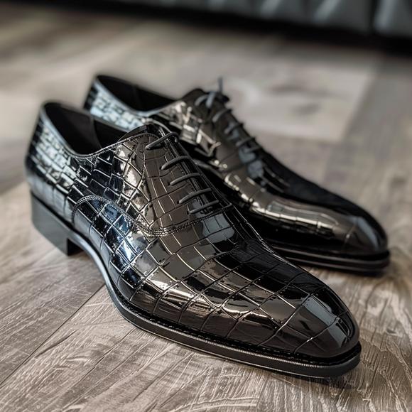 Ilvo Black Leather Croc Print Oxford