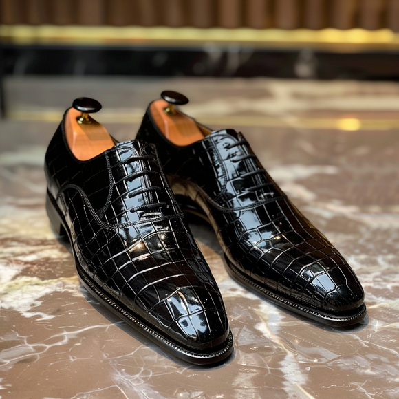 Isidoro Black Leather Croc Print Oxford