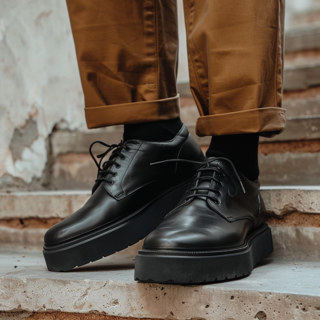 Black Leather Cangrande With Thick Sole Derby Shoe: The Royale Collection
