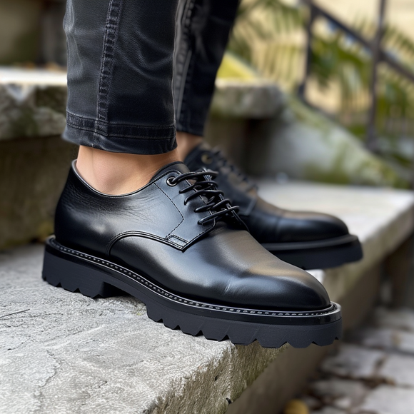 Black Leather Cantidio With Thick Sole Oxford Shoe