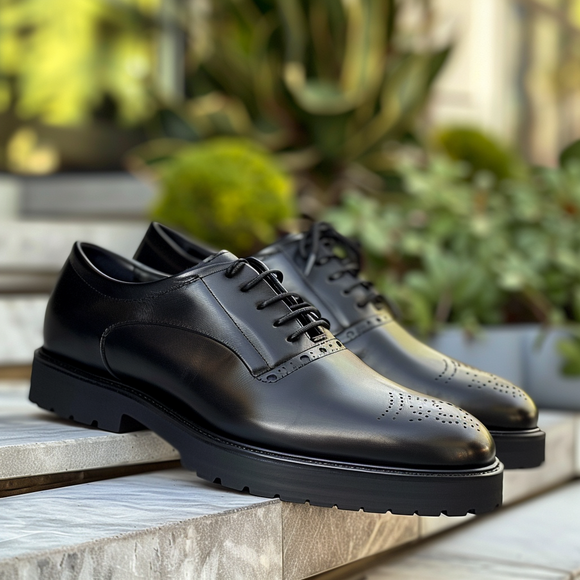 Black Leather Caprasio With Thick Sole Oxford Shoe