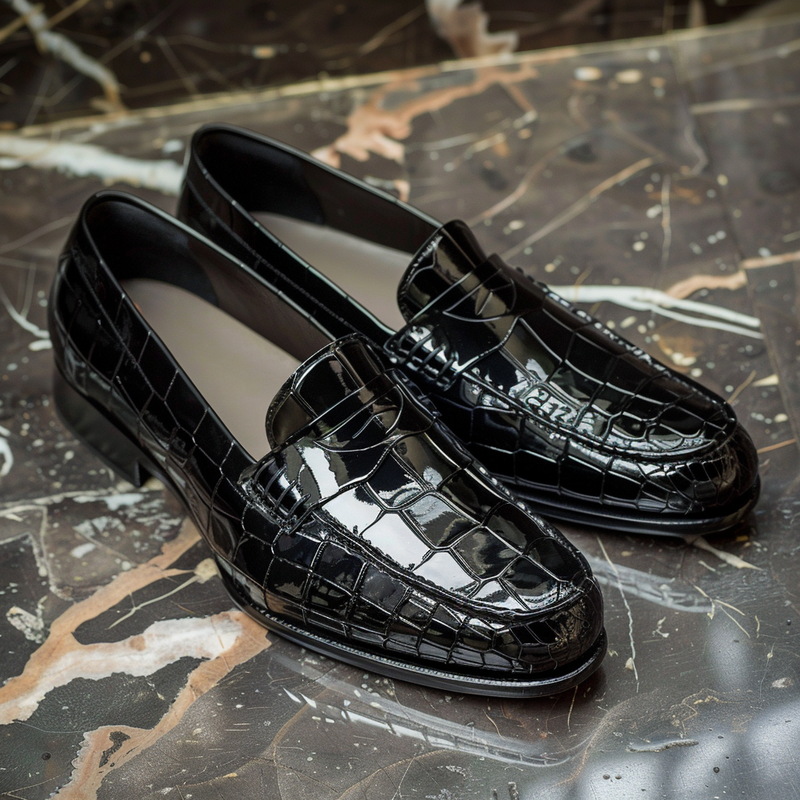 Black Croc Print Leather Alighiero Loafers : The Dapper Edit