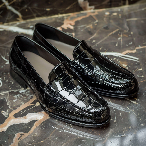靴 MENS EMBOSSED LOAFERS / BLACK CROCODILE Blackpatent1_grande.png?v=