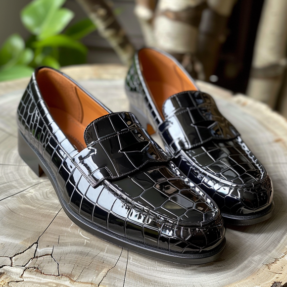 Black Croc Print Leather Anastasio Loafers