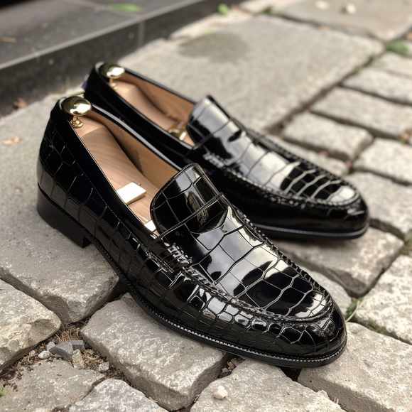 Black Croc Print Leather Annibale Loafers